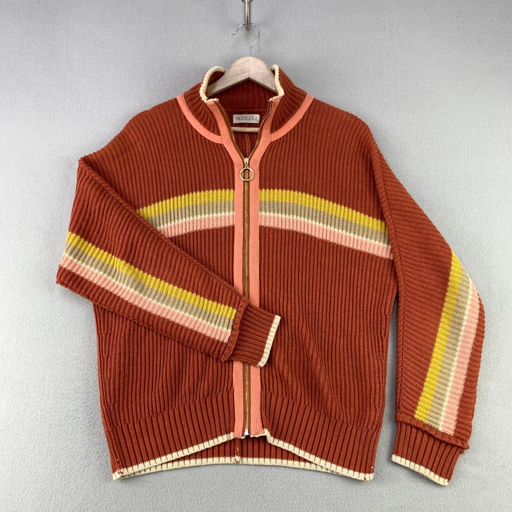 Roolee Zip Up Sweater Women XS Rust Orange Retro Stripe Ribbed Cotton 70s